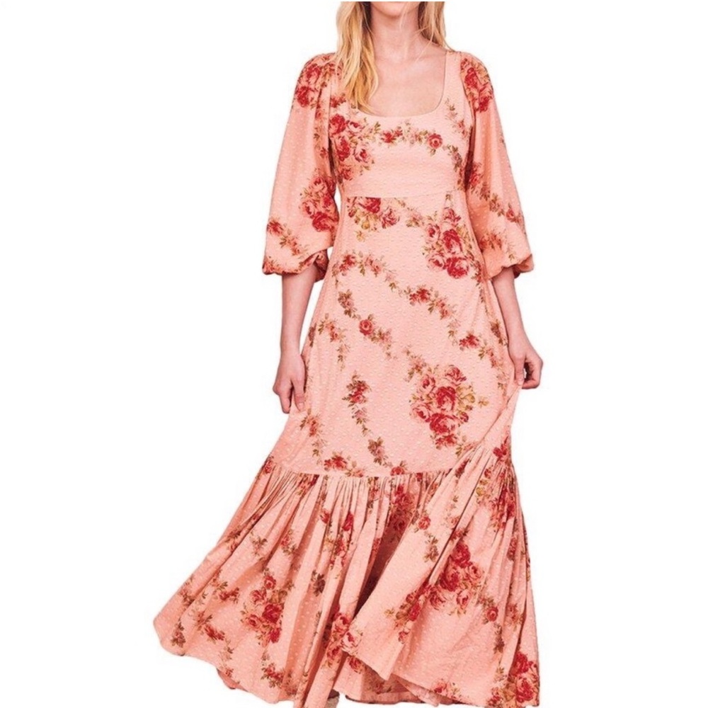 LoveShackFancy Pink Floral Midi Dress